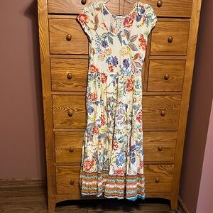 Soft Surroundings Cream Floral Maxi Dress with Blue and Coral Accents